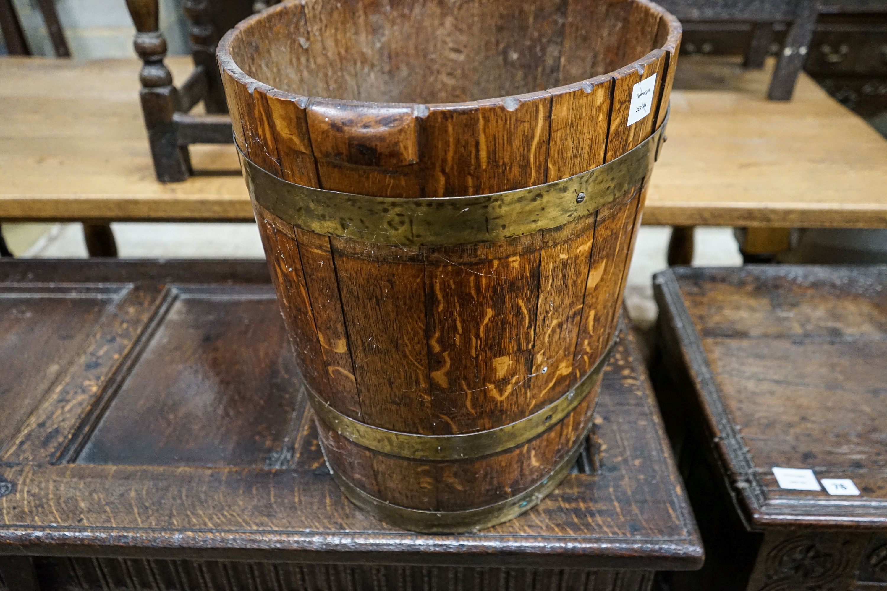 A brass bound staved oak log bin, width 52cm, height 46cm